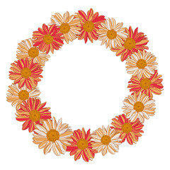 Decorative floral frame of red-orange-beige daisies on white background, can be used for greeting cards, postcards, banners. Vector illustration.