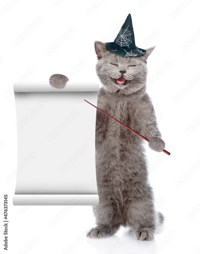 Poster happy kitten wearing hat for halloween points on empty list. isolated on white background