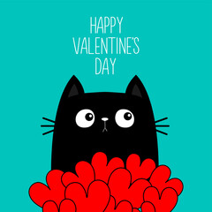 Happy Valentines Day. Cat kitten kitty holding red heart set bouquet. Cute cartoon kawaii funny animal. Greeting card, notebook cover, tshirt. Love card. Flat design. Blue background.