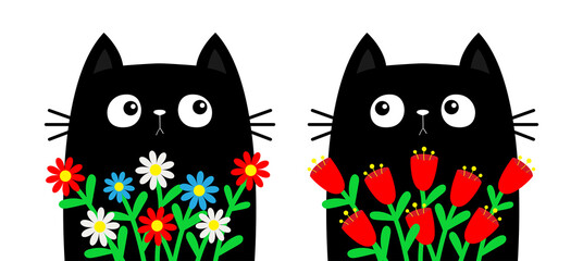 Happy Valentines Day. Camomile tulip flower bouquet. Cat holding daisy chamomile.Kitten kitty set. Cute cartoon kawaii funny animal. Love greeting card, tshirt print. Flat design. White background.