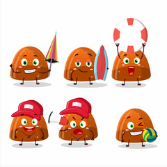 Happy Face orange jelly gummy candy cartoon character playing on a beach