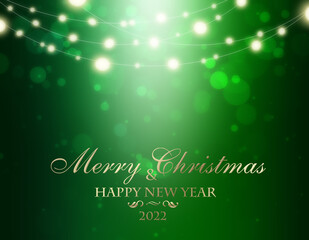 Green Christmas card with glowing garlands, lens flares, blurry lights and the text 