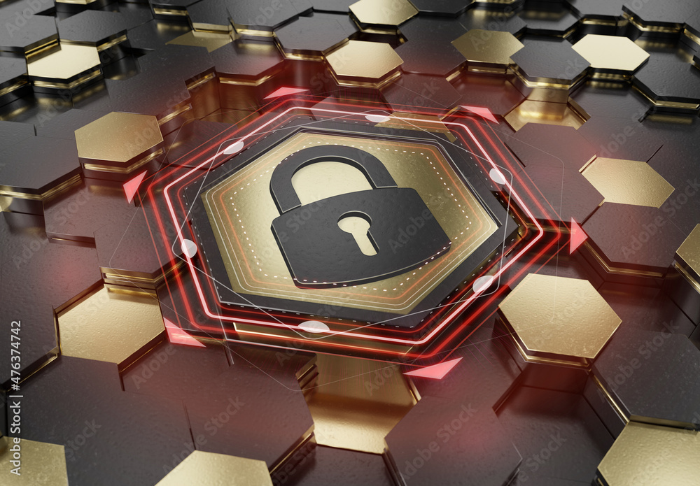 Leinwandbilder web security icon concept engraved on gold metal hexagonal pedestral background. padlock logo glowin