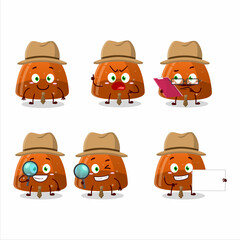 Detective orange jelly gummy candy cute cartoon character holding magnifying glass