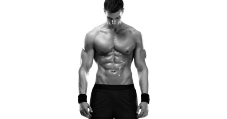 Man athlete isolated on white background. Gym full body workout. Muscular man athlete in fitness...