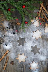christmas ginger cookies with a traditional set of spices on a dark wooden background