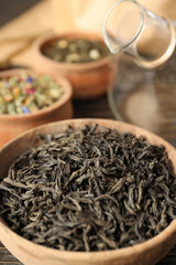 Fototapeta premium Concept of cooking tea with different types of tea on wooden background