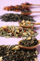 Concept of cooking tea with different types of tea on purple background