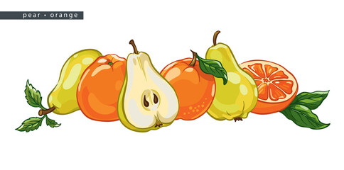 sketch_pear_orange_four_whole_fruits_two_halves_and_leaves
