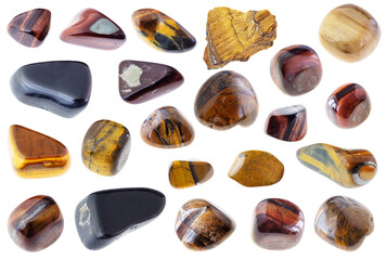 set of various tiger's eye stones cutout on white