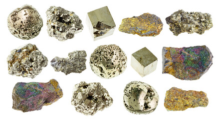 set of various iron pyrite stones cutout on white