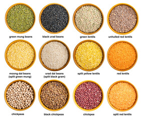 set of various lentils in bowls with names cutout