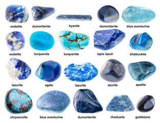 set of various tumbled blue stones with names