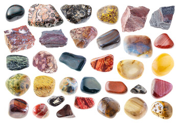 set of various jasper rocks cutout on white