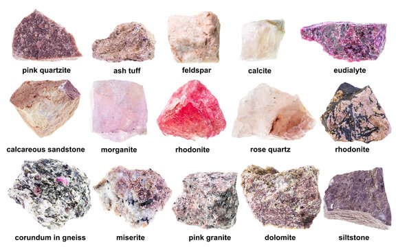 set of various raw pink stones with names cutout