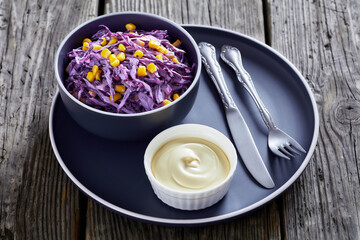 red cabbage corn salad with mayonnaise dressing