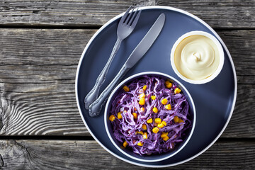 red cabbage corn salad with mayonnaise dressing