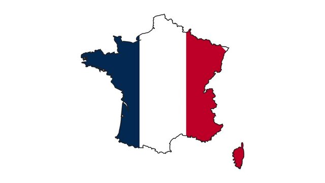 France Map Outline Country Border on white background.  Appearance  national flag of France.  National flag shaped map French Republic. Footage. MP4. Six seconds.