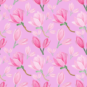 Watercolor seamless pink magnolia pattern isolated on light lilac background.For fabrics,clothes,textile.