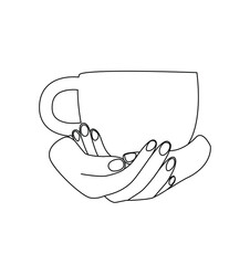 The girl's hands are holding a cup with a drink. Side view. Linear style illustration