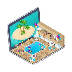 3D isometry. Advertising concept of tours. Online viewing of apartments, choosing a tour via the Internet, choosing apartments for celebrations and holidays. For vector illustration