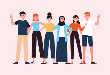 Group portrait of smiling teenage boys and girls or school friends standing together, embracing each other, waving hands. Happy students, Flat cartoon vector illustration.