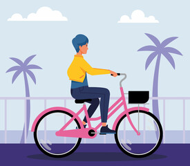 carefree woman with bicycle riding on beach sand having fun and smiling vector illustration