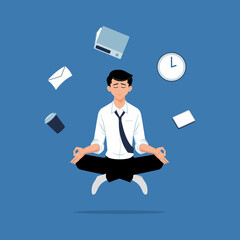 Business man sitting in padmasana lotus pose with flying around documents, phone, flying around him. Office worker multitasking and meditating, relaxing doing yoga. Flat style vector illustration