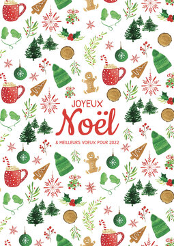 Carte de voeux, nouvelle an 2022, gui, flocon de neige, meilleurs voeux, joyeux no&euml;l &agrave; l'aquarelle