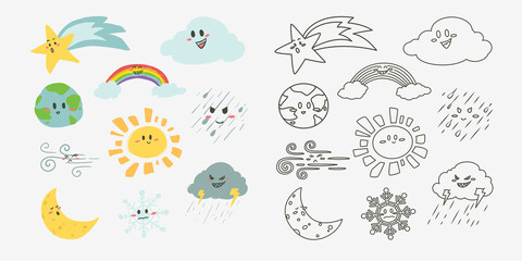 Sky objects doodle cartoon character for kid coloring book illustration design