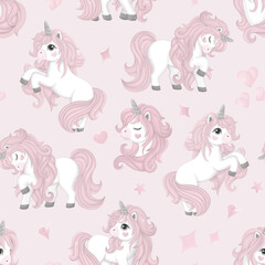 Seamless background cute pink unicorn, in a watercolor style. Vector illustration for children, EPS10. Print for dishes, textiles, clothes, greeting card.