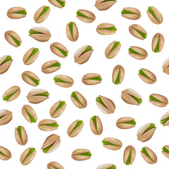 Vector illustration of a seamless pattern of realistic pistachio nuts on a white background. Top view. Repeated image for banner, packaging design, wallpaper ect.