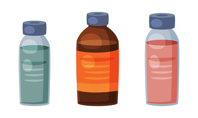 Bottles with Liquid as Pharmaceutical Drug or Medication Vector Set