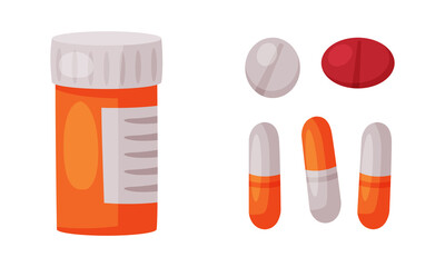 Bottle with Capsules as Pharmaceutical Drug or Medication Vector Set