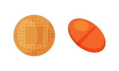 Medical Patch or Adhesive Plaster and Pill for First Aid Treatment Vector Set