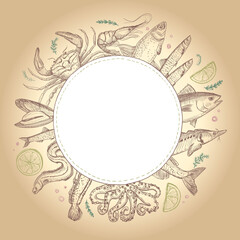 Fish and seafood round frame for menu