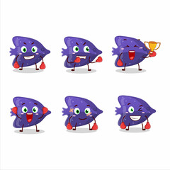 A sporty fish purple gummy candy boxing athlete cartoon mascot design