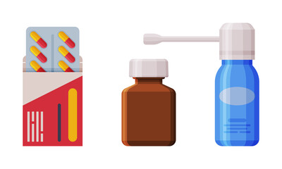 Pills and Capsule Medication in Blister Pack and Vial Vector Set