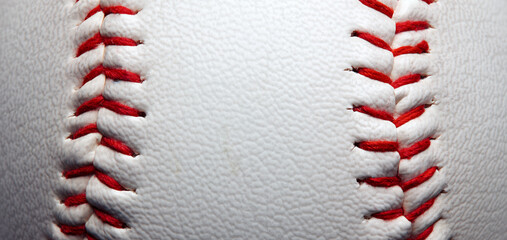 Macro close-up baseball ball with stiches and seam