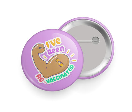 I have been revaccinated metallic vaccination pin button. Immunization campaign round 3d pin badge, shoulder with patch after vaccine shot victory sign realistic vector illustration isolated on white