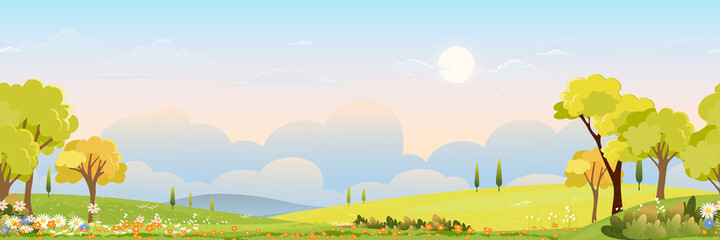 Seamless pattern Spring green  fields landscape orange blue sky with clouds background,Endless Panorama beautiful rural nature in springtime with grass land on hill.Vector for spring or summer banner