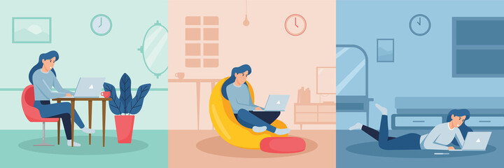 Various female character poses working, browsing, watching etc with laptop vector illustration