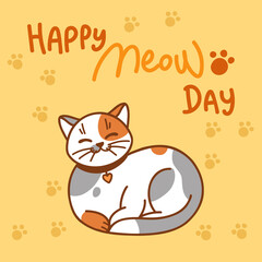 Happy Meow Day. Hand-drawn vector illustration with cute smiling cat. Minimalist art with handwritten lettering phrase for social media, postcard, sticker or print. 