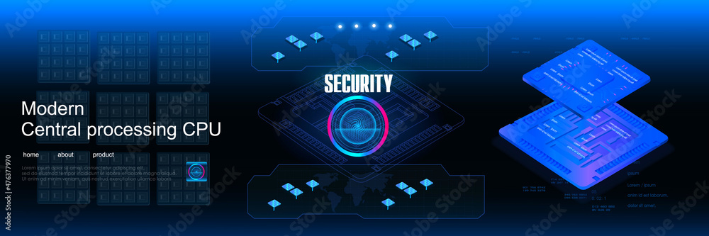 Poster generation of powerful microprocessors for computers, servers and cryptocurrency mining. chip for pr