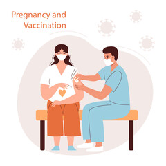 The doctor gives the vaccine to a pregnant woman. Vaccination and maternal health care during the coronavirus pandemic, antiviral medicine. Flat vector illustration