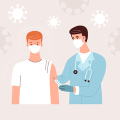 The doctor gives the vaccine to a young man. Vaccination and health care during the coronavirus epidemic, antiviral medicine. Flat vector illustration