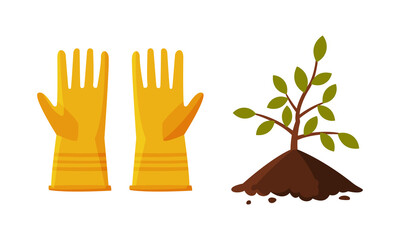 Rubber Gloves as Garden Tool and Soil Pile with Young Seedling Vector Set