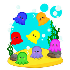 Set of multi-colored cute octopuses on the seabed. Sea creatures