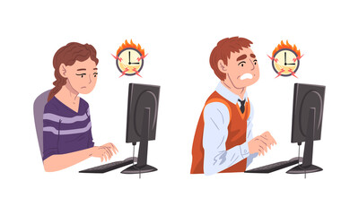 Man and Woman Office Worker Failed with Deadline Staying Late at Workplace and Burning Clock Vector Set