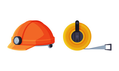 Measure Tape and Hard Hat with Flashlight as Geology Instrument and Tool Vector Set